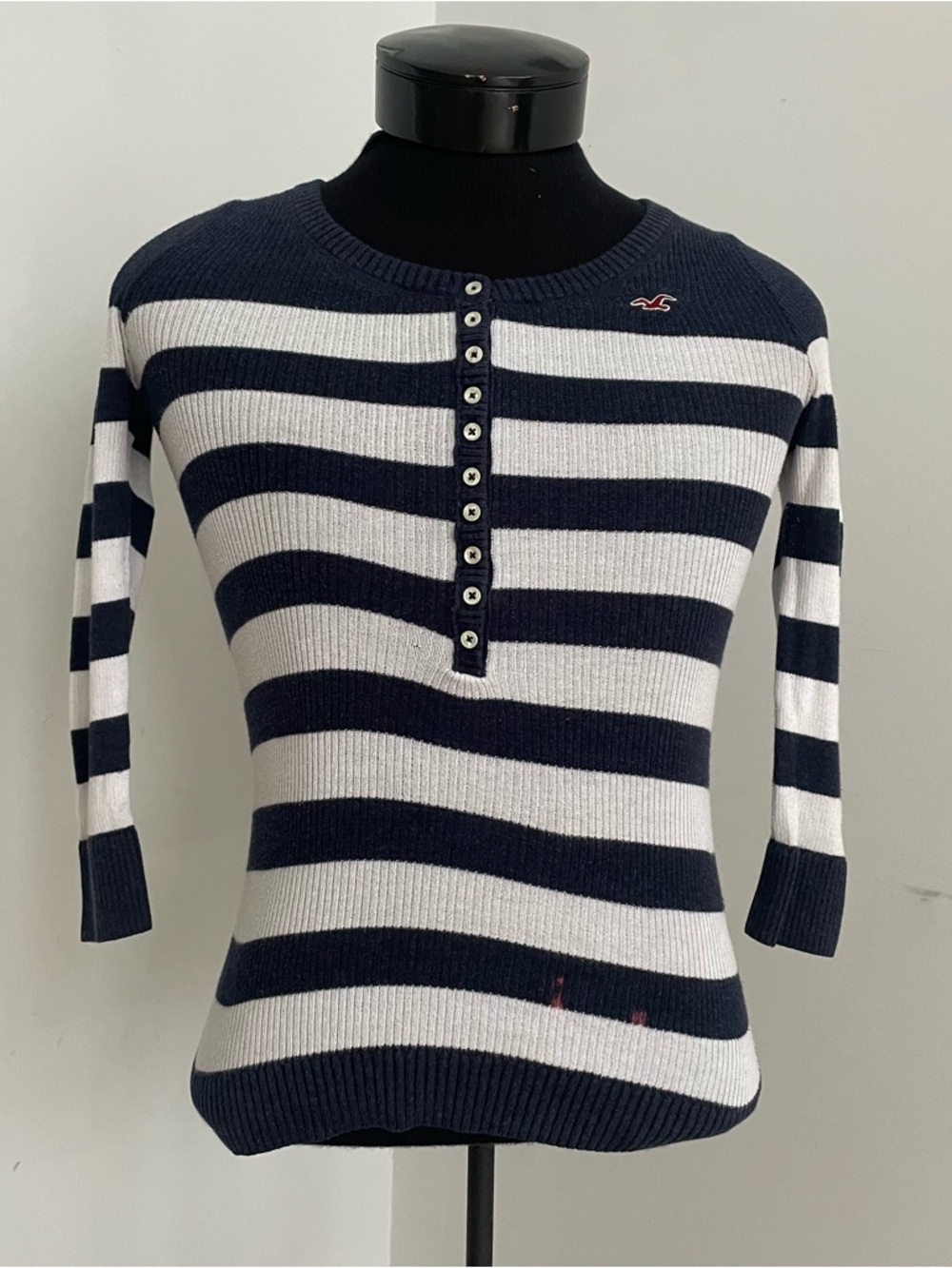 Hollister Navy & White Striped Henley Top with Button Placket